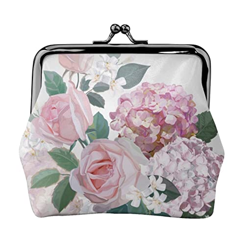 Mini-Münzgeldbörse mit Totenkopf-Motiv, Leder, Kussschloss, Geldbeutel, Tasche für Damen, Mädchen, Kinder, Rosa Hortensien-Rose, Einheitsgröße, Münztasche von Pmnnerefaq