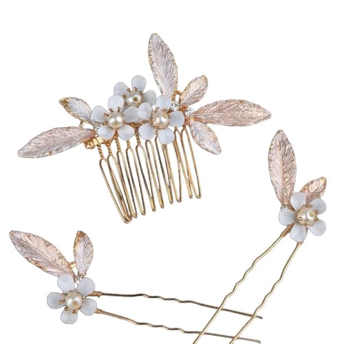 3 Stück/set Roségold Haarschmuck Hochzeit Braut Haarkamm mit Perlen Kristall Handgefertigt Brautschmuck Kamm Haarspange Blumen U-förmig Haarnadeln Haarteil Haarklammern für Damen Frauen von Pmnzdy