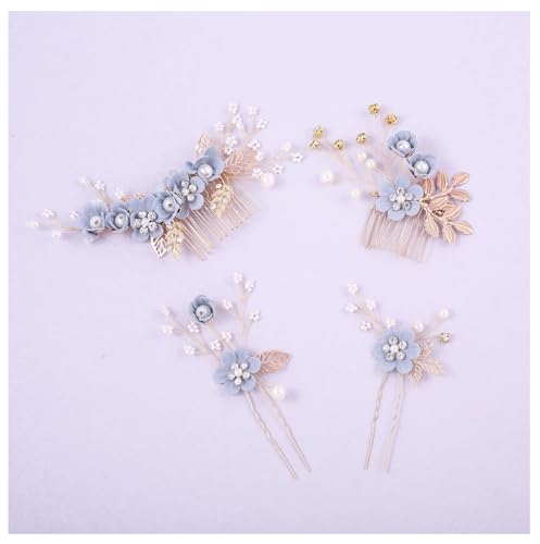 Hochzeit Haarkamm mit Blumen Kristall Perlen 4 Stück Braut Hochzeit Haarschmuck Handgefertigt Braut Kopfschmuck Haarclip Strass Brautschmuck Kamm Haarspange für Braut Brautjungfer Himmelblau von Pmnzdy