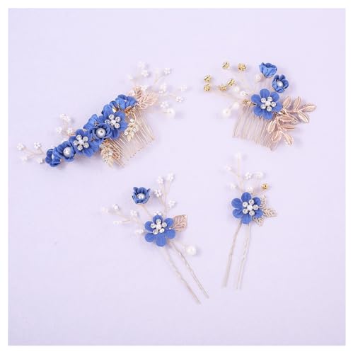 Hochzeit Haarkamm mit Blumen Kristall Perlen 4 Stück Braut Hochzeit Haarschmuck Handgefertigt Eleganter Braut Kopfschmuck Haarclip Strass Brautschmuck Kamm Haarspange für Braut Brautjungfer Königsblau von Pmnzdy