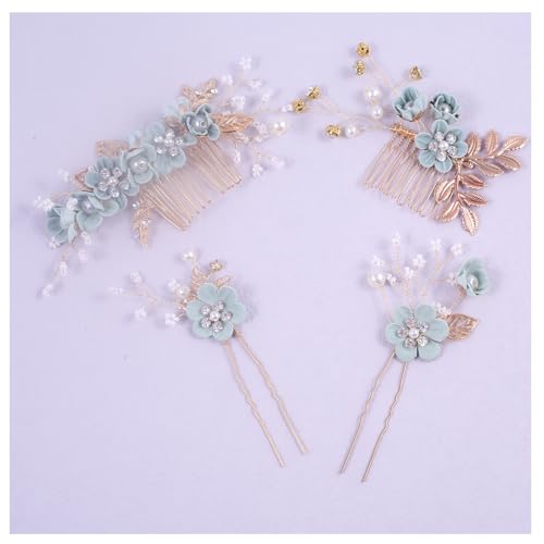 Hochzeit Haarkamm mit Blumen Kristall Perlen 4 Stück Braut Hochzeit Haarschmuck Handgefertigt Eleganter Braut Kopfschmuck Haarclip Strass Brautschmuck Kamm Haarspange für Braut Brautjungfer Grün von Pmnzdy