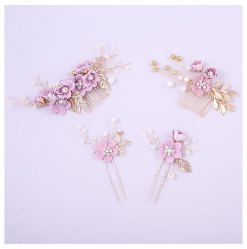 Hochzeit Haarkamm mit Blumen Kristall Perlen 4 Stück Braut Hochzeit Haarschmuck Handgefertigt Eleganter Braut Kopfschmuck Haarclip Strass Brautschmuck Kamm Haarspange für Braut Brautjungfer Lila von Pmnzdy