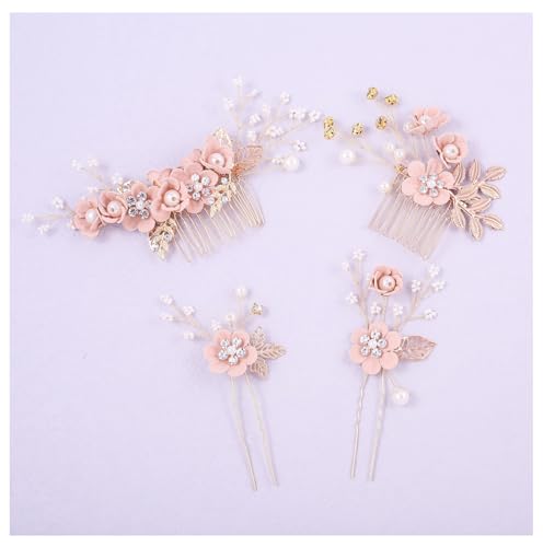 Hochzeit Haarkamm mit Blumen Kristall Perlen 4 Stück Braut Hochzeit Haarschmuck Handgefertigt Eleganter Braut Kopfschmuck Haarclip Strass Brautschmuck Kamm Haarspange für Braut Brautjungfer Rosa von Pmnzdy