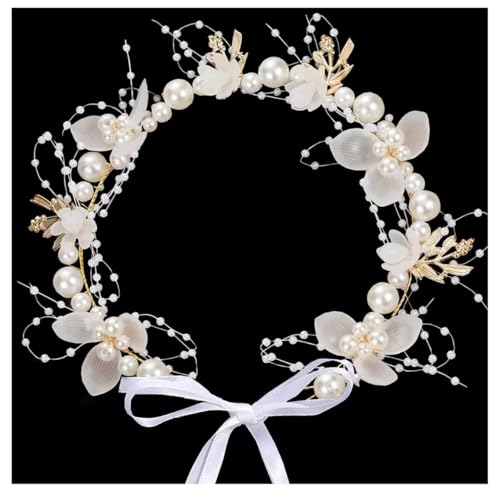 Hochzeits Blumenmädchen Blumenkranz Mädchen Haarschmuck Blumen Haarkranz mit Perlen Blumenstirnband Perlen-Stirnband Haarbänder Haarreifen Kopfschmuck für Hochzeit, Geburtstag Kommunion Party Weiß von Pmnzdy