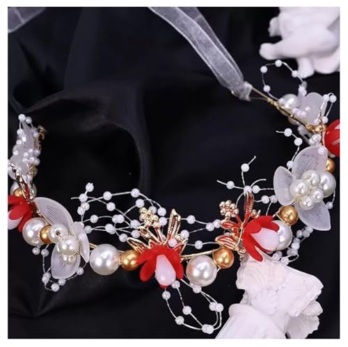Hochzeits Blumenmädchen Blumenkranz Mädchen Haarschmuck Blumen Haarkranz mit Perlen Blumenstirnband Perlen-Stirnband Haarbänder Haarreifen Kopfschmuck für Hochzeit, Geburtstag Kommunion Party Rot von Pmnzdy