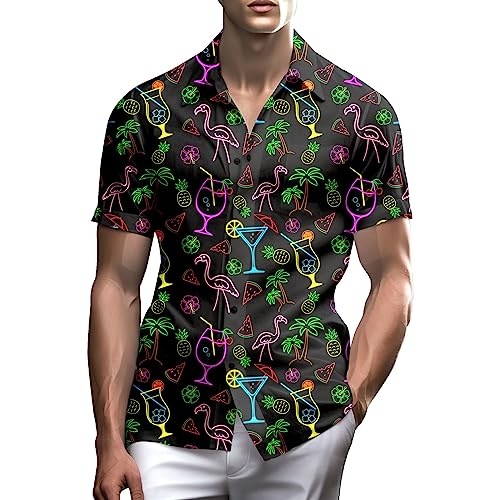 PmseK Herren 80er-Jahre Hawaii-Hemden, Vintage Sommer-Shirts, L, Neon Disco, V-Neck, Kurzarm, Lockere Passform, Atmungsaktiv, schnell trocknend, seidiges Gefühl, Strand, Freizeit, Party, Sommer von PmseK