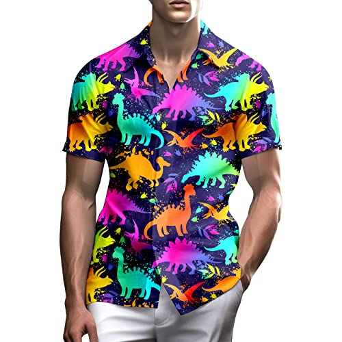 PmseK 80er Jahre Hemden für Herren Lustiges Vintage 90er Jahre Outfit für Männer Hawaiihemden Button-Up 90er Jahre Party Strand Hemd Herren 80er Jahre Kleidung, 80er Jahre Neon Dinosaurier, L von PmseK