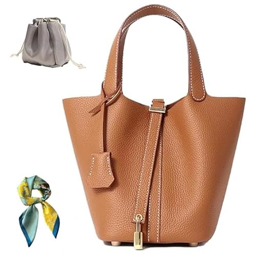Echtleder-Eimertasche für Damen: Schultertasche, vielseitiger Tragegriff oben, modischer Gemüsekorb, Braun von Pmuul
