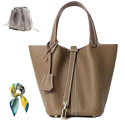 Echtleder-Eimertasche für Damen: Schultertasche, vielseitiger Tragegriff oben, modischer Gemüsekorb, Khaki von Pmuul