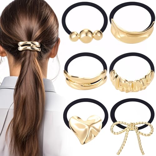 Pndeyo 6 Stück Gold Metall Haargummis für Frauen Anti-Rutsch Elastische Haarmanschette Pferdeschwanz Halter Französisches Armband Haarband Zubehör für langes kurzes lockiges welliges dickes Haar von Pndeyo