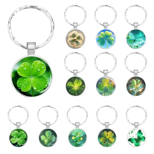 PnxdeobXL 12 Stück Schlüsselanhänger Glücksbringer 12 Vierblättrige Kleeblatt Schlüsselanhänger Rostfreier Stahl Glückssymbole mit 12 Designs für Geschenke & Alltag von PnxdeobXL