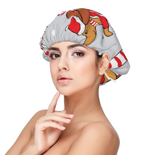 Weihnachten Cartoon Hund Dackel, Satin-Schlafmütze für Erwachsene – Elastische Schlafhaube für Damen, verstellbare Haarabdeckung für die Nacht von Poadnly