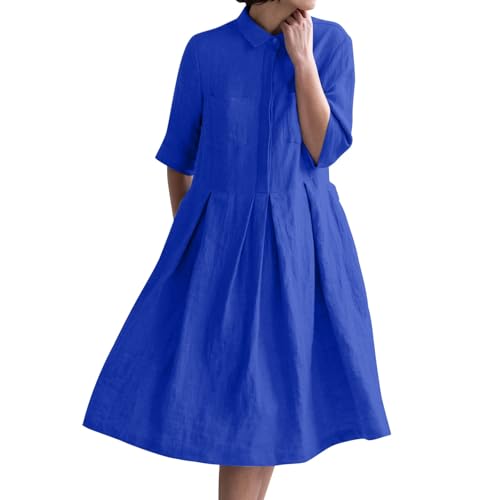 Baumwolle und Leinen Tshirtkleid Damen Lässig Locker Hemdkleid 3/4 Ärmel Blusenkleid Einfarbig Große Größe Freizeitkleid Urlaubs Kleid Strandkleider Blusenkleid Mode Sommerkleid (Blue, XXL) von Poamen