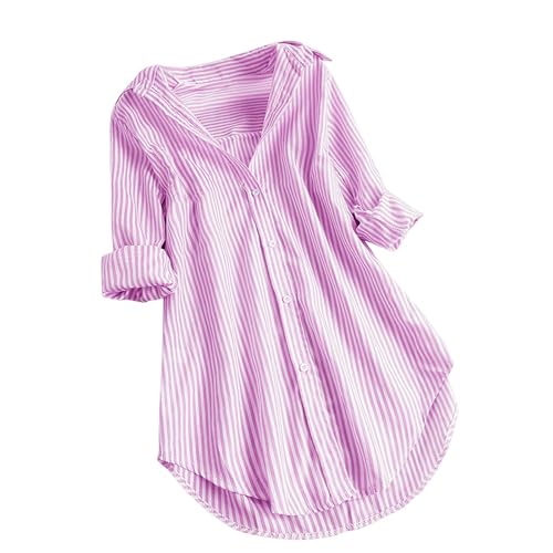 Blusen & Tuniken Für Damen 3/4 Ärmel Gestreift V-Ausschnitt Tunika Sommerblusen Leicht Und Luftig Oberteile Streifen Casual Hemdbluse Große Größen Longshirt Damen Lässig Für Leggings (Pink, L) von Poamen