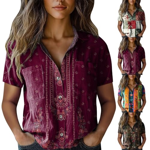 Boho Bluse Damen Vintage Boho Style Blumen Bluse V-Ausschnitt Ausgefallene Blusen sommershirts Blusenshirt Bohemian Blumendruck Kurzarm Kleidung Tops Sommerhemd Damen Leicht Und Luftig von Poamen