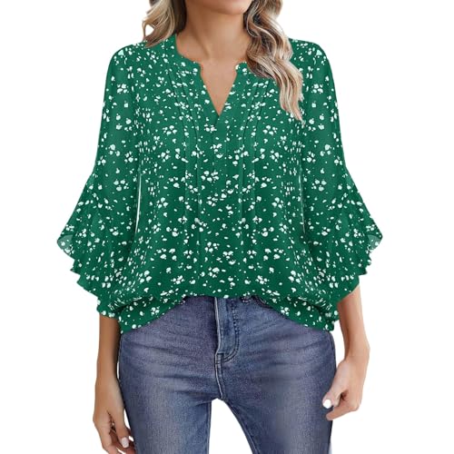 Chiffon Bluse Damen Festlich V-Ausschnitt Langarm Ausgefallene Tshirts Ausgestellter Ärmel Sommerblusen Damen Leicht Und Luftig Blumendruck Oberteile Elegant Atmungsaktiv Tuniken (A2-Green, XL) von Poamen