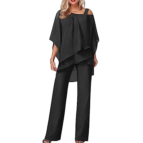Hosenanzug Damen Tüll Abendanzug Sets Zweiteiler Chiffon Shirt Und Hohe Taille 2-Teiliges Set Outfit Cocktail Festlich Hosenanzug Elegant Vintage Große Größen (Black, XL) von Poamen