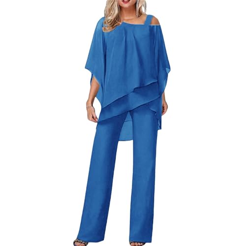 Hosenanzug Damen Tüll Abendanzug Sets Zweiteiler Chiffon Shirt Und Hohe Taille 2-Teiliges Set Outfit Cocktail Festlich Hosenanzug Elegant Vintage Große Größen (Blue, XXXL) von Poamen