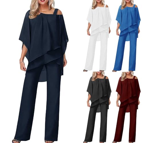 Hosenanzug Damen Tüll Abendanzug Sets Zweiteiler Chiffon Shirt Und Hohe Taille 2-Teiliges Set Outfit Cocktail Festlich Hosenanzug Elegant Vintage Große Größen (Navy, XL) von Poamen