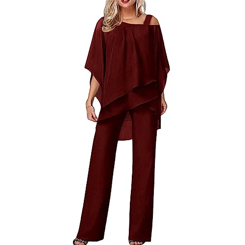 Hosenanzug Damen Tüll Abendanzug Sets Zweiteiler Chiffon Shirt Und Hohe Taille 2-Teiliges Set Outfit Cocktail Festlich Hosenanzug Elegant Vintage Große Größen (Red, XL) von Poamen