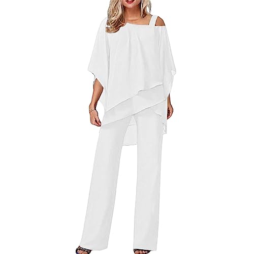 Hosenanzug Damen Tüll Abendanzug Sets Zweiteiler Chiffon Shirt Und Hohe Taille 2-Teiliges Set Outfit Cocktail Festlich Hosenanzug Elegant Vintage Große Größen (White, XXL) von Poamen