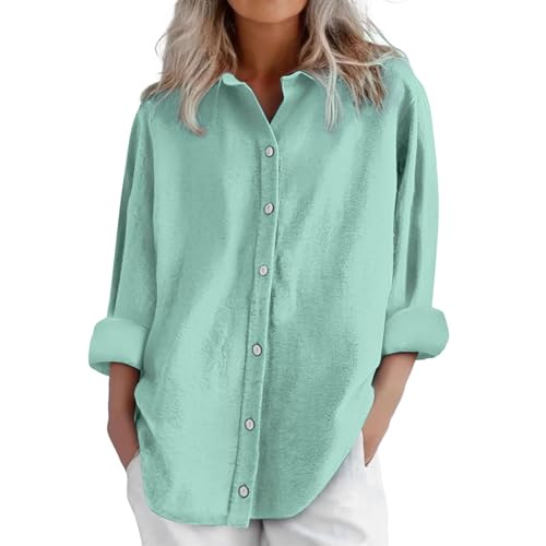 Leinenbluse Damen Baumwolle Leinen Button Down Shirts Langarm V-Ausschnitt Hemdbluse Casual Business Bluse Lässige Tunika Hemd mit Knopleiste Blusenshirt Longshirt Große (A1-Mint Green, XXXXXL) von Poamen