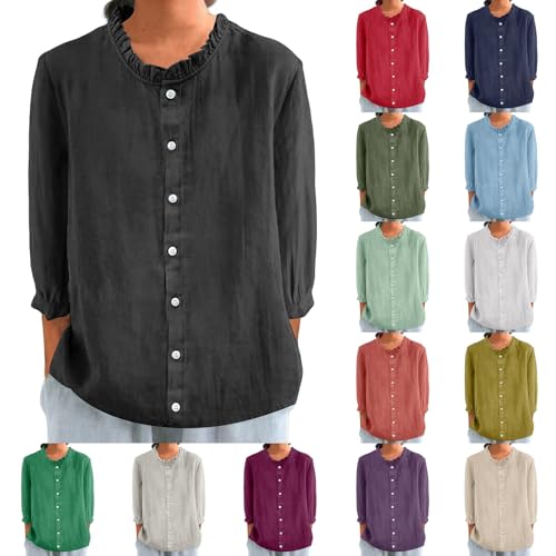 Leinenbluse Damen Sommerhemd Musselin Bluse Elegant V-Ausschnitt T-Shirt Lässiges Leinen Shirt Hemdbluse Tunika Top Blusen Oberteile Bequemes Licht Langarmshirt Blusenshirt Große (A1-Black, XXXL) von Poamen