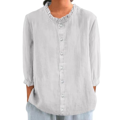 Leinenbluse Damen Sommerhemd Musselin Bluse Elegant V-Ausschnitt T-Shirt Lässiges Leinen Shirt Hemdbluse Tunika Top Blusen Oberteile Bequemes Licht Langarmshirt Blusenshirt Große (A1-White, M) von Poamen