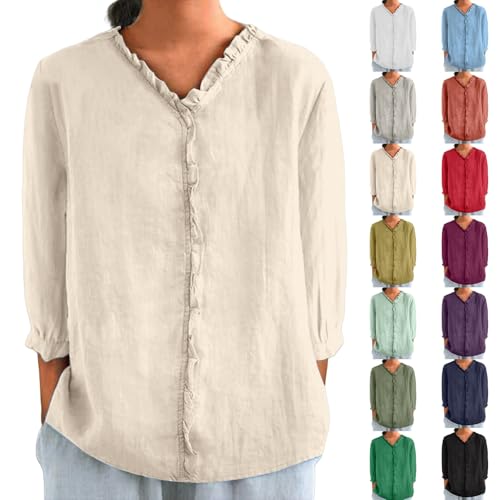 Leinenbluse Damen Sommerhemd Musselin Bluse Elegant V-Ausschnitt T-Shirt Lässiges Leinen Shirt Hemdbluse Tunika Top Blusen Oberteile Bequemes Licht Langarmshirt Blusenshirt Große (A2-Beige, L) von Poamen
