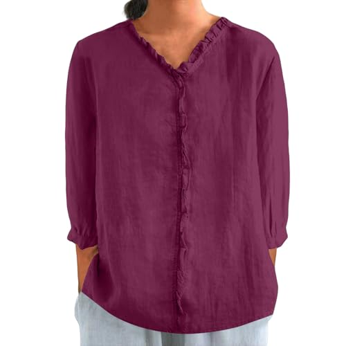 Leinenbluse Damen Sommerhemd Musselin Bluse Elegant V-Ausschnitt T-Shirt Lässiges Leinen Shirt Hemdbluse Tunika Top Blusen Oberteile Bequemes Licht Langarmshirt Blusenshirt Große (A2-Wine, XXXL) von Poamen