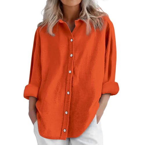 Leinenhemd Damen Langarm Große Größe Leichte Tuniken Tops Tshirt Hemdbluse Elegant Longshirt Longbluse Baumwolle Leinen Locker Einfarbig Leinenbluse S-5XL Leicht und Luftig Oberteile (Orange, XXXXXL) von Poamen