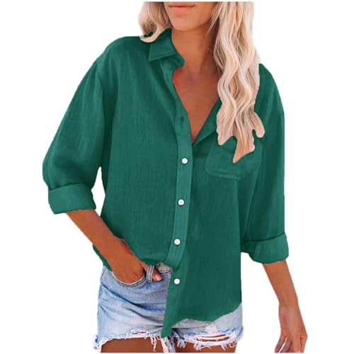 Leinenhemd Damen Locker Baumwolle Große Größe S-5XL Langarm Tuniken Tshirt Mit Taschen Hemdbluse Elegant Leicht und Luftig Leinenbluse Einfarbig Longbluse Tops Leichte Oberteile(A1-Green, XL) von Poamen