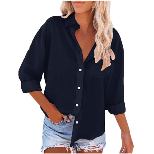 Leinenhemd Damen Locker Baumwolle Große Größe S-5XL Langarm Tuniken Tshirt Mit Taschen Hemdbluse Elegant Leicht und Luftig Leinenbluse Einfarbig Longbluse Tops Leichte Oberteile(A1-Navy, XXXXXL) von Poamen