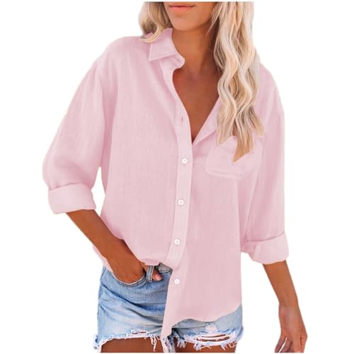 Leinenhemd Damen Locker Baumwolle Große Größe S-5XL Langarm Tuniken Tshirt Mit Taschen Hemdbluse Elegant Leicht und Luftig Leinenbluse Einfarbig Longbluse Tops Leichte Oberteile(A1-Pink, L) von Poamen