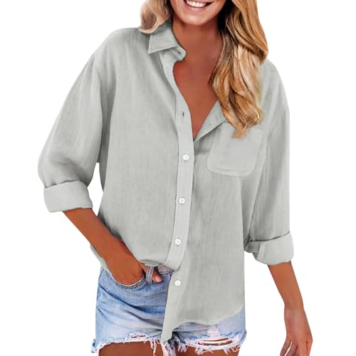 Leinenhemd Damen Locker Baumwolle Große Größe S-5XL Langarm Tuniken Tshirt Mit Taschen Hemdbluse Elegant Leicht und Luftig Leinenbluse Einfarbig Longbluse Tops Leichte Oberteile(A2-Grey, L) von Poamen