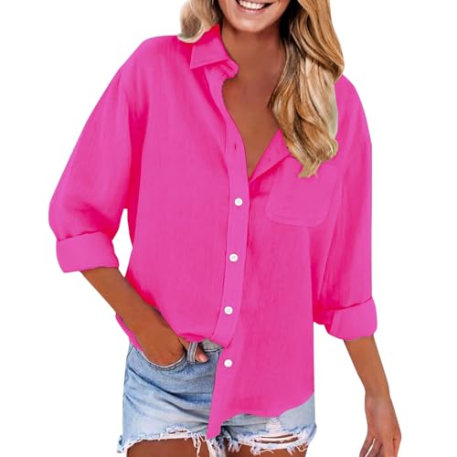 Leinenhemd Damen Locker Baumwolle Große Größe S-5XL Langarm Tuniken Tshirt Mit Taschen Hemdbluse Elegant Leicht und Luftig Leinenbluse Einfarbig Longbluse Tops Leichte Oberteile(A2-Hot Pink, L) von Poamen