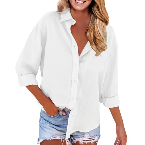 Leinenhemd Damen Locker Baumwolle Große Größe S-5XL Langarm Tuniken Tshirt Mit Taschen Hemdbluse Elegant Leicht und Luftig Leinenbluse Einfarbig Longbluse Tops Leichte Oberteile(A2-WH1, XL) von Poamen