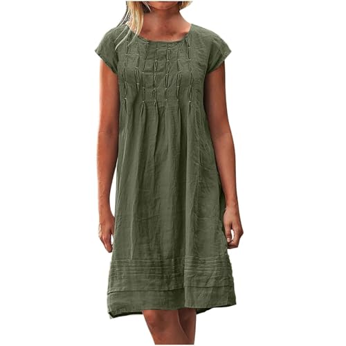 Leinenkleid Damen Große Größe S-5Xl Kurzarm Lässig Locker Midikleid Knielang Einfarbig Freizeitkleid Strandkleid Baumwolle und Leinen Urlaubs Kleid Festlich Sommerkleider (A1-Green, XL) von Poamen