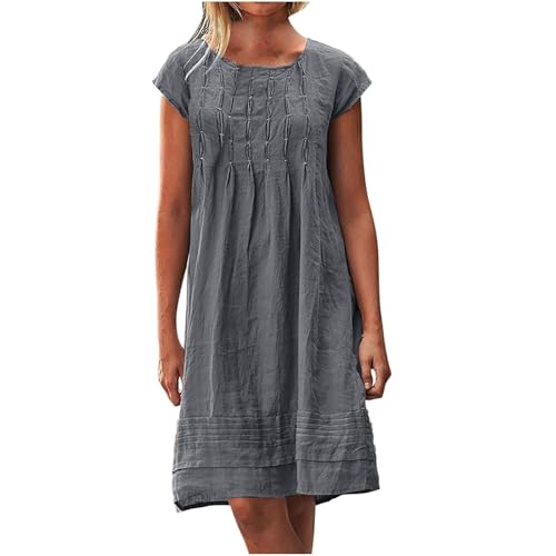 Leinenkleid Damen Große Größe S-5Xl Kurzarm Lässig Locker Midikleid Knielang Einfarbig Freizeitkleid Strandkleid Baumwolle und Leinen Urlaubs Kleid Festlich Sommerkleider (A1-Grey, XXXL) von Poamen
