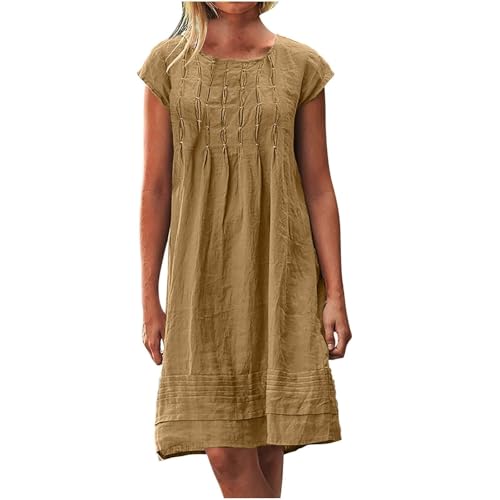 Leinenkleid Damen Große Größe S-5Xl Kurzarm Lässig Locker Midikleid Knielang Einfarbig Freizeitkleid Strandkleid Baumwolle und Leinen Urlaubs Kleid Festlich Sommerkleider (A1-Khaki, XXXXXL) von Poamen