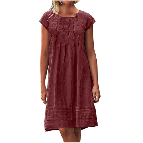 Leinenkleid Damen Große Größe S-5Xl Kurzarm Lässig Locker Midikleid Knielang Einfarbig Freizeitkleid Strandkleid Baumwolle und Leinen Urlaubs Kleid Festlich Sommerkleider (A1-Red, XL) von Poamen