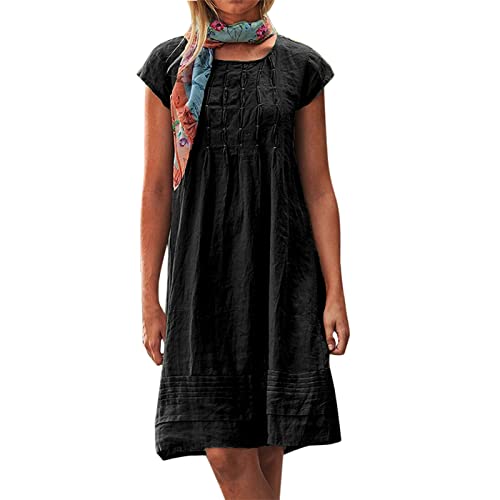 Leinenkleid Damen Große Größe S-5Xl Kurzarm Lässig Locker Midikleid Knielang Einfarbig Freizeitkleid Strandkleid Baumwolle und Leinen Urlaubs Kleid Festlich Sommerkleider (A2-Black, XXL) von Poamen