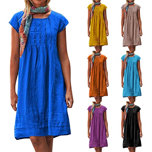 Leinenkleid Damen Große Größe S-5Xl Kurzarm Lässig Locker Midikleid Knielang Einfarbig Freizeitkleid Strandkleid Baumwolle und Leinen Urlaubs Kleid Festlich Sommerkleider (A2-Blue, XXL) von Poamen