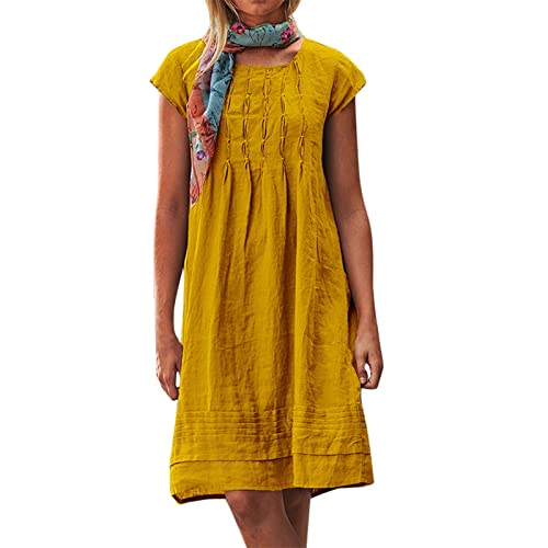 Leinenkleid Damen Große Größe S-5Xl Kurzarm Lässig Locker Midikleid Knielang Einfarbig Freizeitkleid Strandkleid Baumwolle und Leinen Urlaubs Kleid Festlich Sommerkleider (A2-Yellow, M) von Poamen
