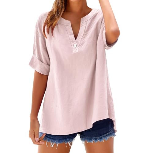 Longbluse Blusen Tuniken für Damen Kurzarm Baumwolle Leinen Leinenhemd Basic T-Shirt Musselin Bluse Damen Große Größen musselin Damen(Rosa,5XL) von Poamen
