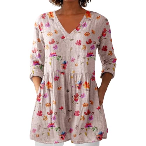 Oberteil Aus Baumwolle und Leinen für Damen Gestreifter Farbblock Retro Freizeit Tuniken Tops mit Sommerblusen Damen Leicht und Luftig Ausgefallene Tshirts (A2-Pink, XXL) von Poamen