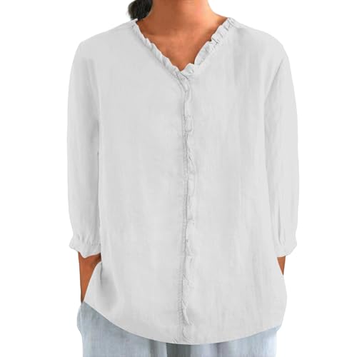 Poamen Bluse Damen Button Down Übergröße Leinenbluse Einfarbig 3/4 Ärmel Blusenshirt Musselin Bluse Baumwolle Leinen Tunika Hemd Oberteile Lässiges Hemd Freizeithemd Elegant (A2-White, XXXXXL) von Poamen
