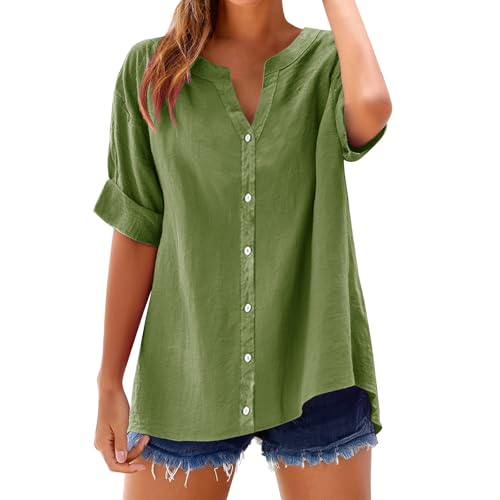 Poamen Damenbluse Musselin Bluse Damen Einfarbig Hemdbluse Blusen Tuniken Damen Große Größen Leinenhemd Lockere Sommerbluse Tunika musselinblusen(Grün,3XL) von Poamen