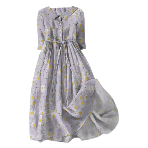 Poamen Kleid Damen Cute Halbe ?rmel Blumenkleid Leichte A-Linie Hohe Taille Shirtkleider Casual Lose Strandkleid Vintage Gekn?pft Blusenkleid Midikleid Freizeitkleider(i Grün,4XL) von Poamen