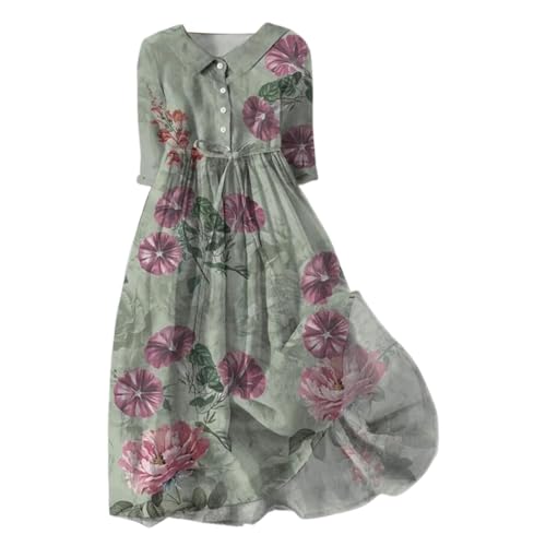 Poamen Kleid Damen Cute Halbe ?rmel Blumenkleid Leichte A-Linie Hohe Taille Shirtkleider Casual Lose Strandkleid Vintage Gekn?pft Blusenkleid Midikleid Freizeitkleider(i Khaki,L) von Poamen